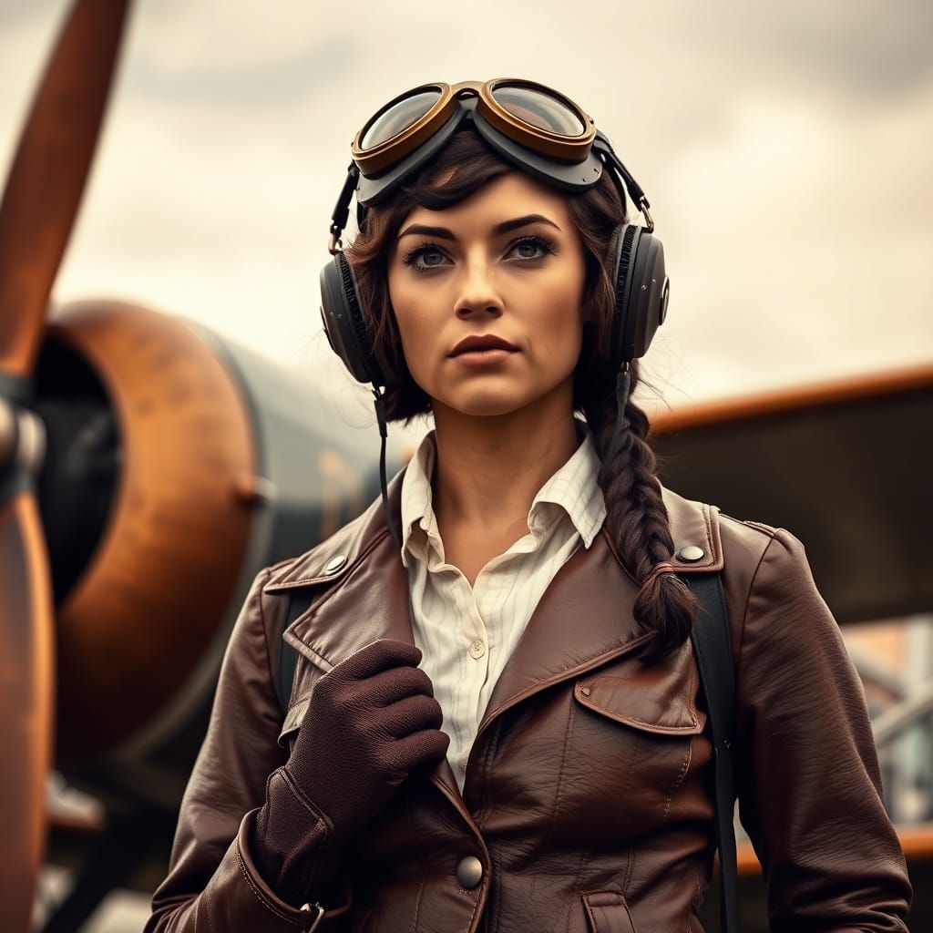 Vintage Aviator Woman in Distressed Leather Jacket