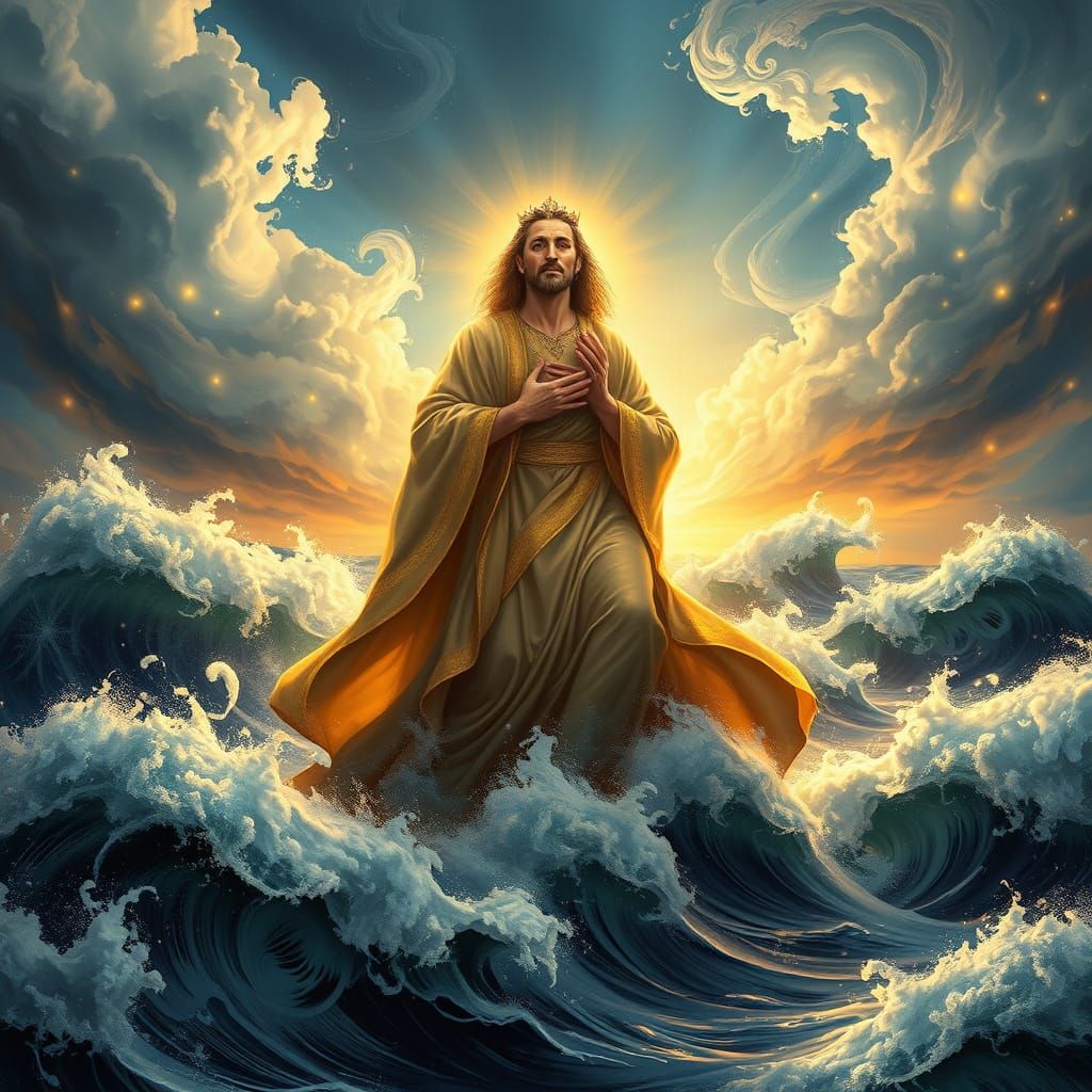 Regal Figure Rises Above Turbulent Ocean Waves in Vibrant Re...