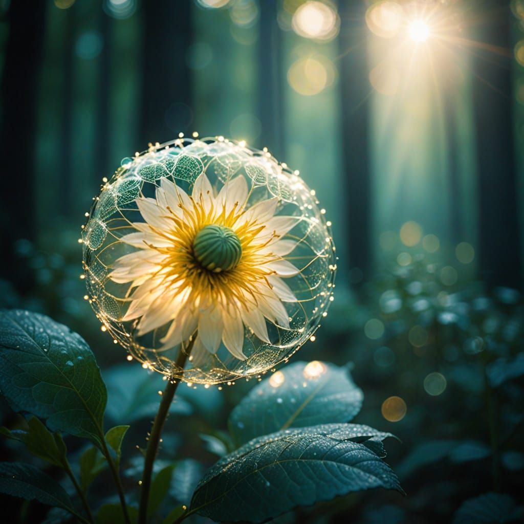 Ethereal Translucent Flower in Forest with Golden Hour Glow