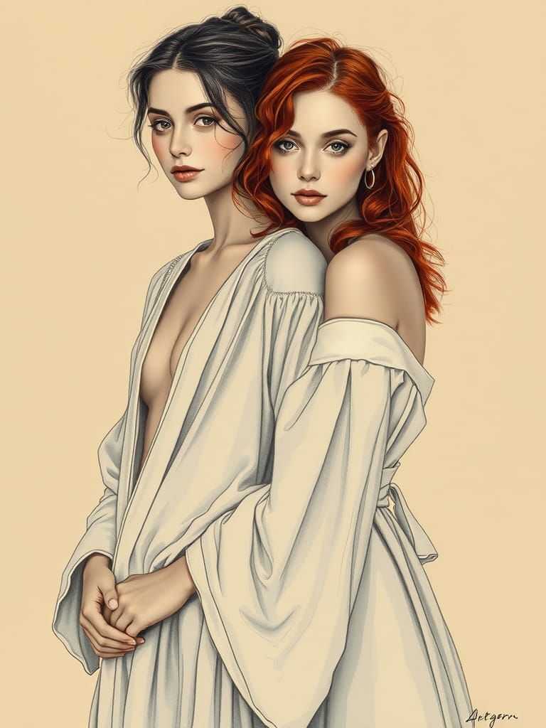 Ethereal Portrait of Two Women in Romantic Embrace