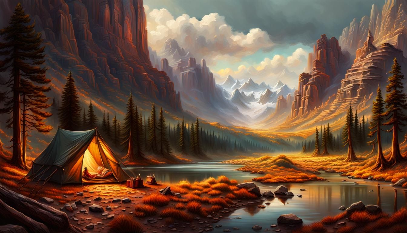 Epic Cinematic Valley Camping by James Gurney