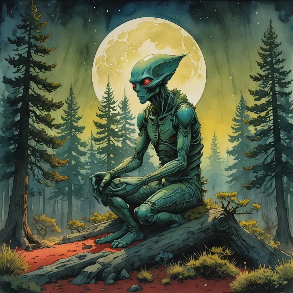 Alien Meditating in Forest Landscape, Watercolour Illustrati...