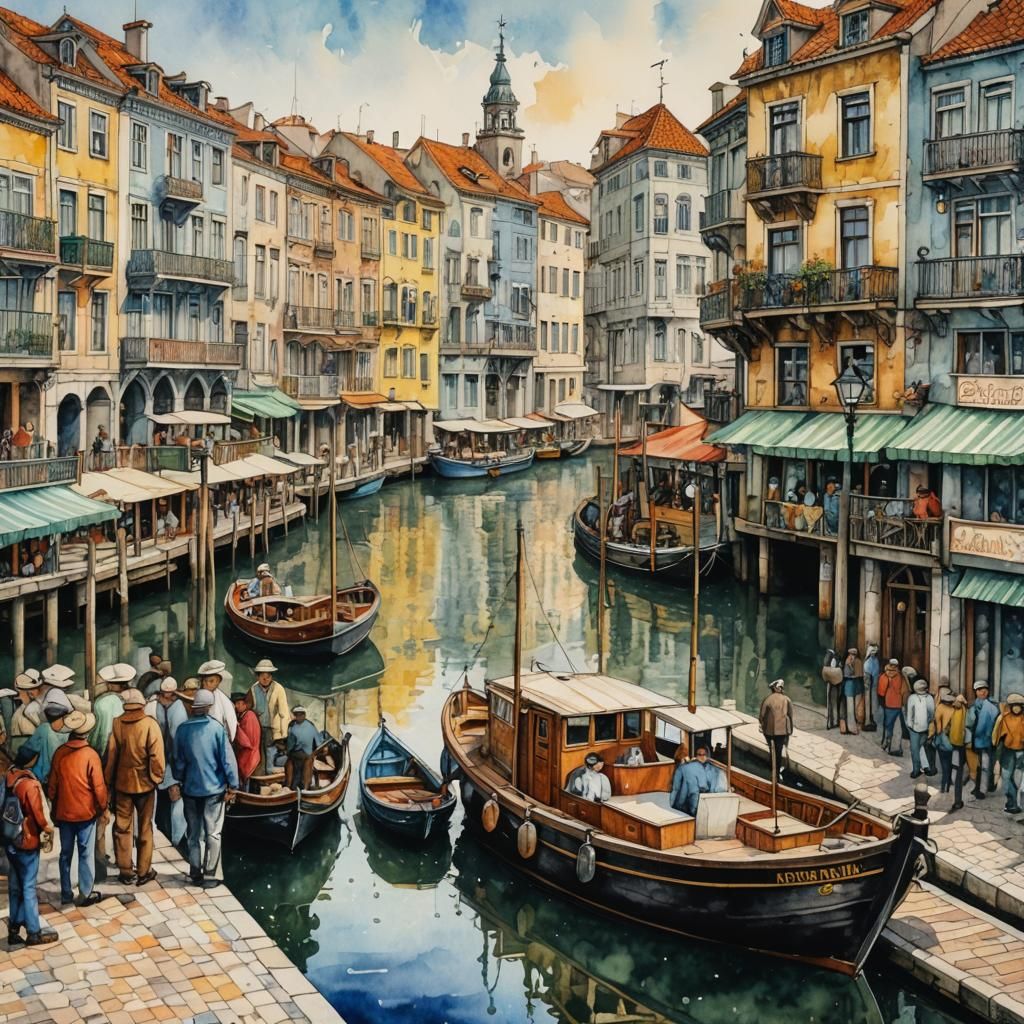 Pointillist Moliceiro Boat on the Aveiro Waterfront