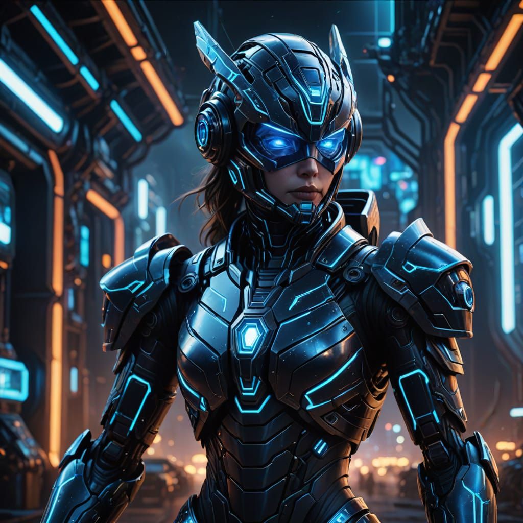 Female Tron in Cyberpunk Megazord Mechsuit