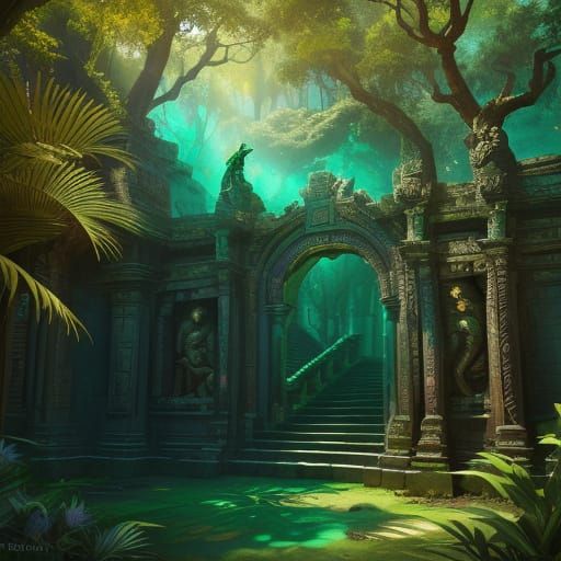 Majestic Snake Emerges from Ancient Temple in Vibrant Jungle