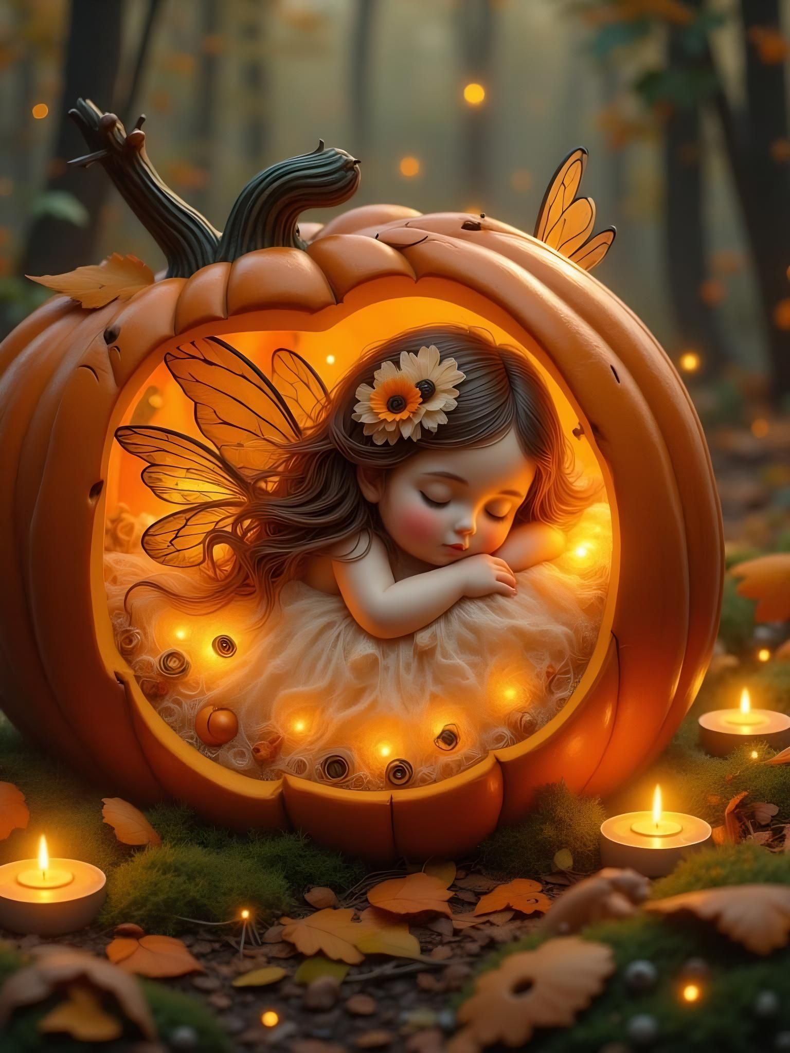 Cute Fairy Sleeping in Halloween Pumpkin