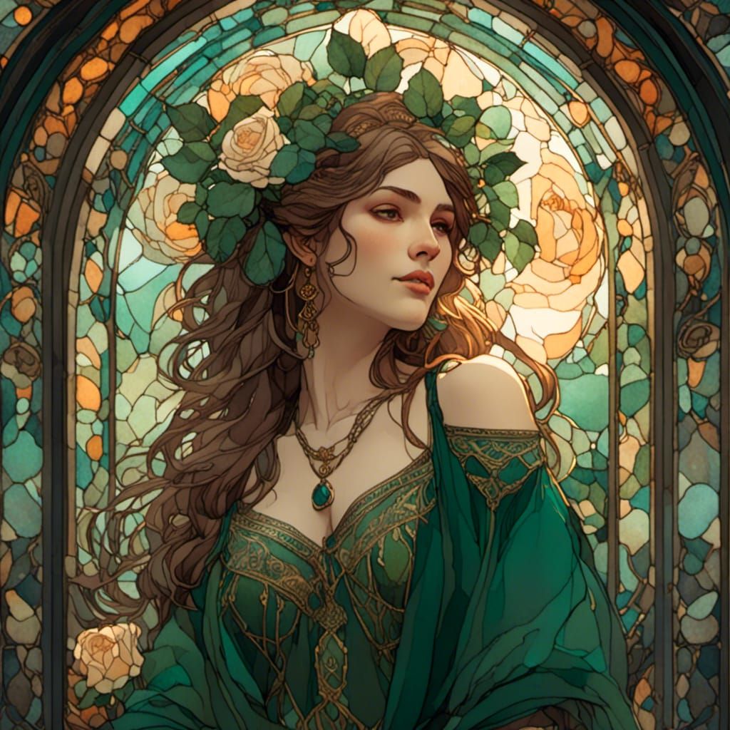 Gypsy Woman Portrait in Stained Glass, Watercolor Style