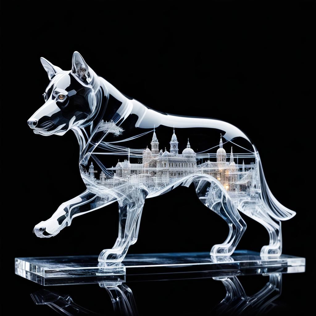 Crystal Dog Figurine in Train Station, Hyperrealistic