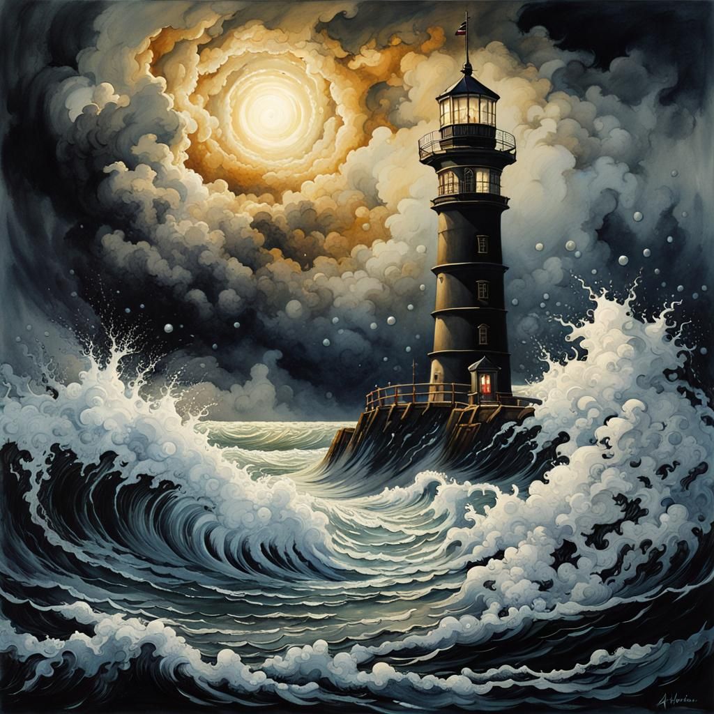 Stormy Lighthouse: Cell-Shaded Watercolor and Ink Art