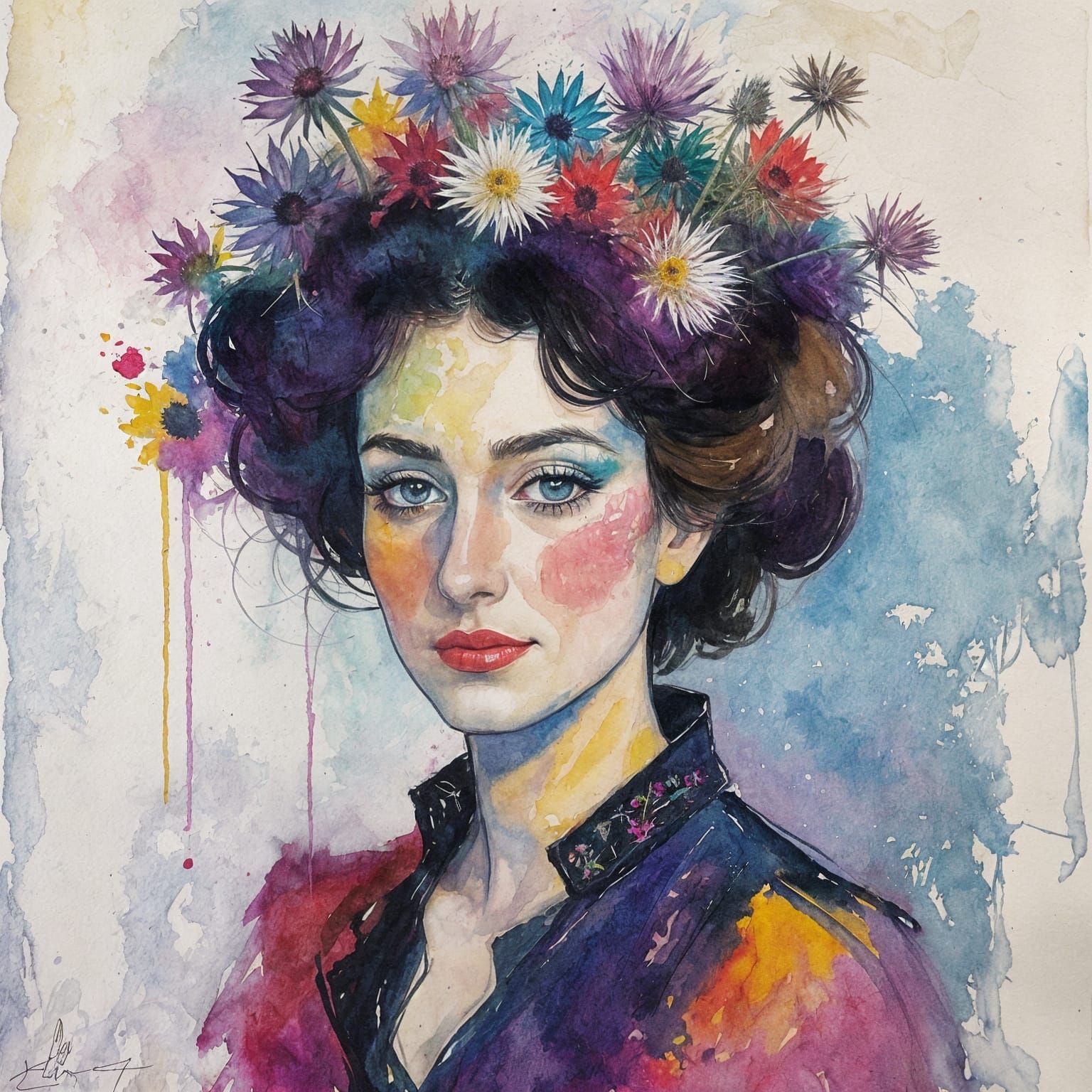 Messy Maximalist Watercolor of a Thistle Queen Portrait