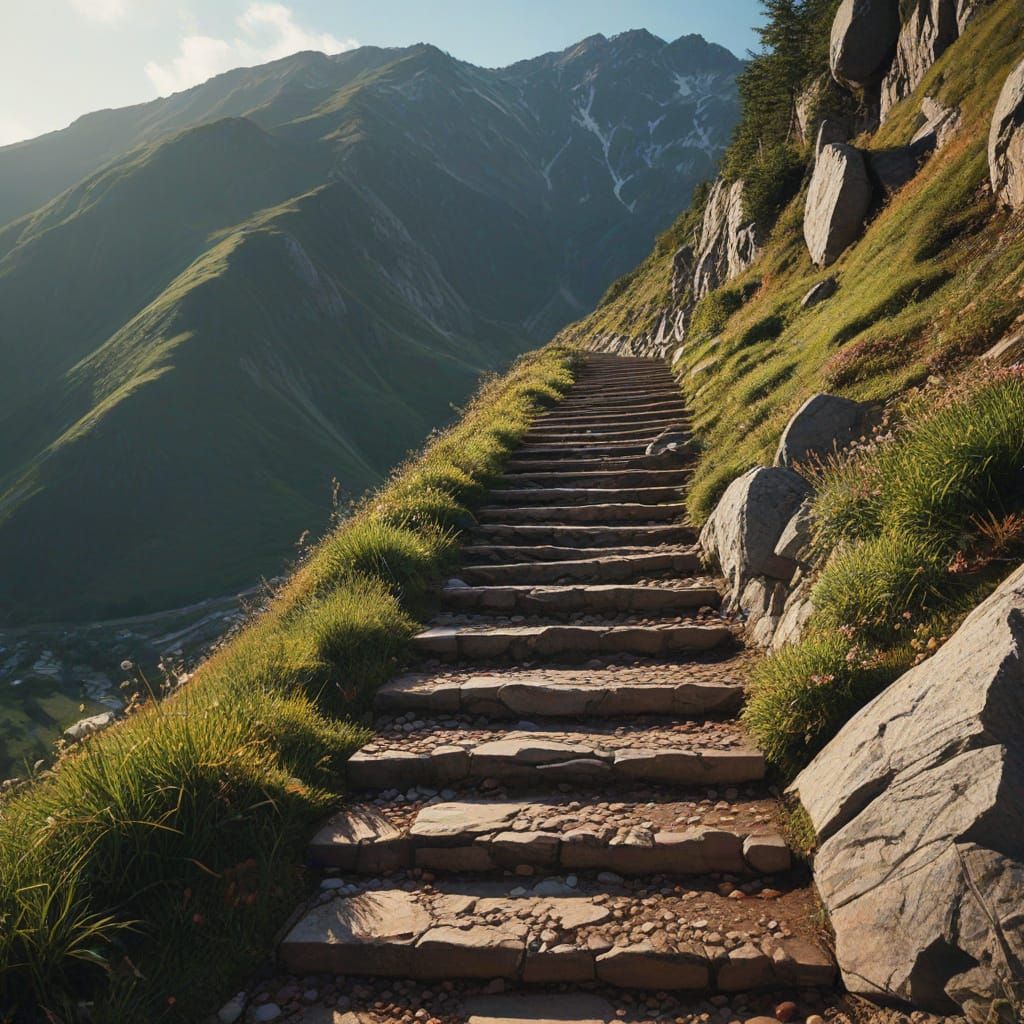 Steps Ascend a Mountain Valley in Vibrant Hyperrealism