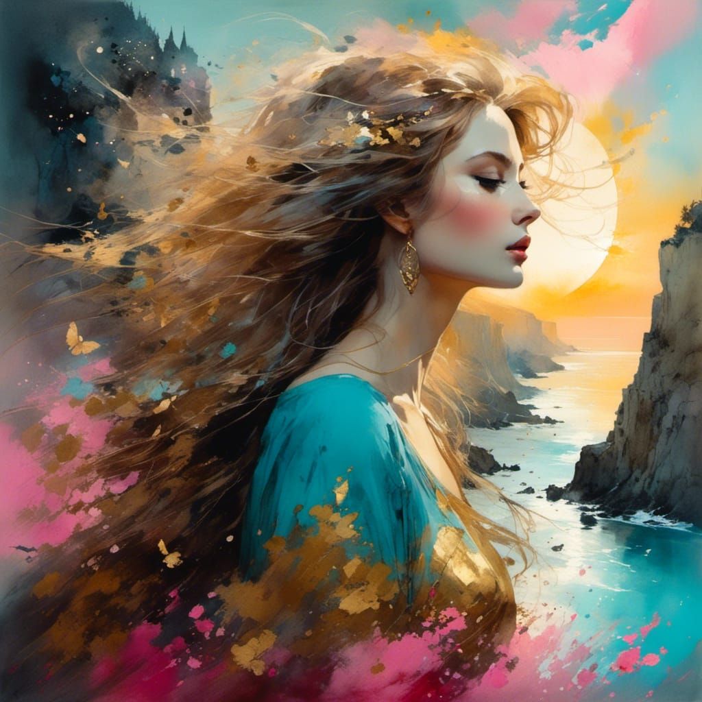 Beautiful Woman with Flowing Hair: Watercolor Portrait