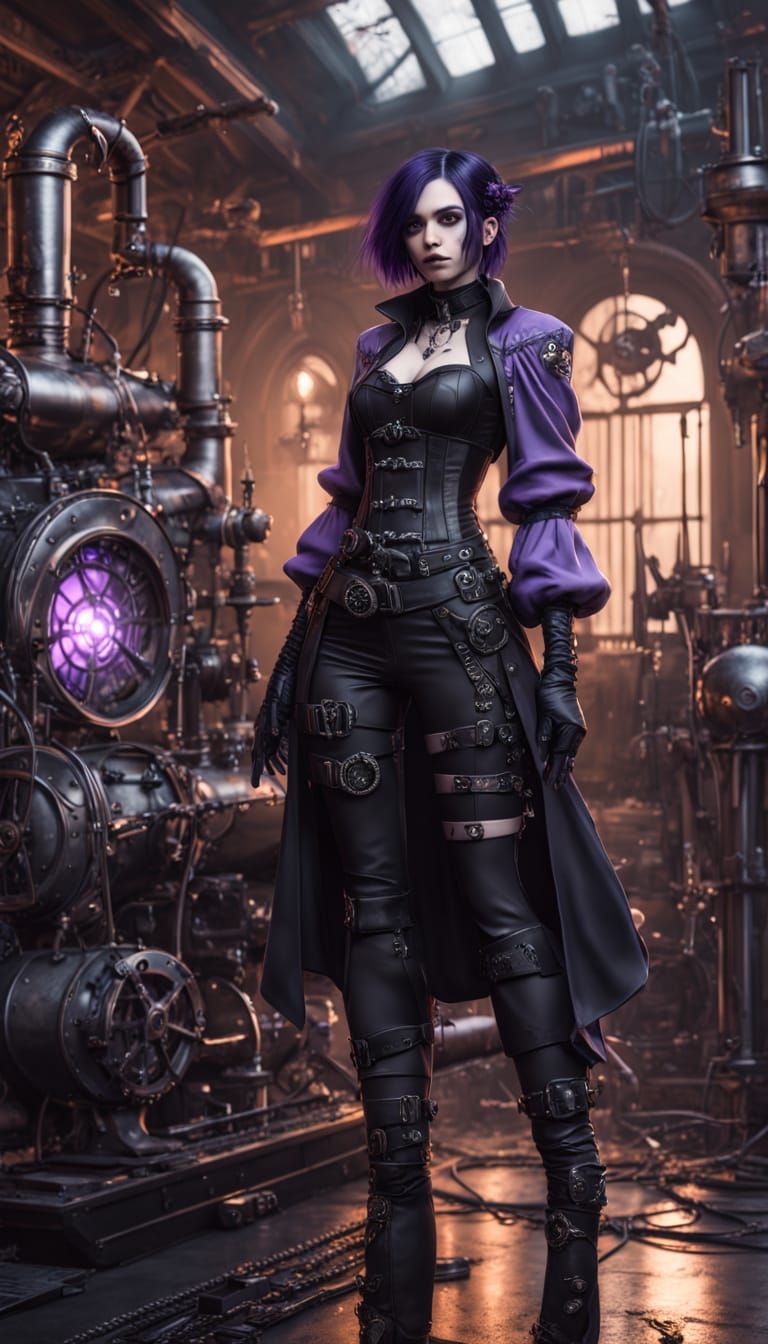 Steampunk Goth Girl in Moody Industrial Setting
