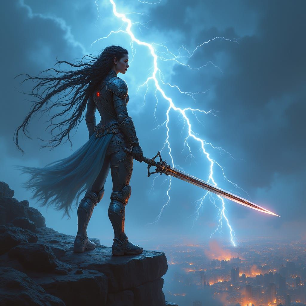 Cyber-Valkyrie on Battlefield with Energy Sword