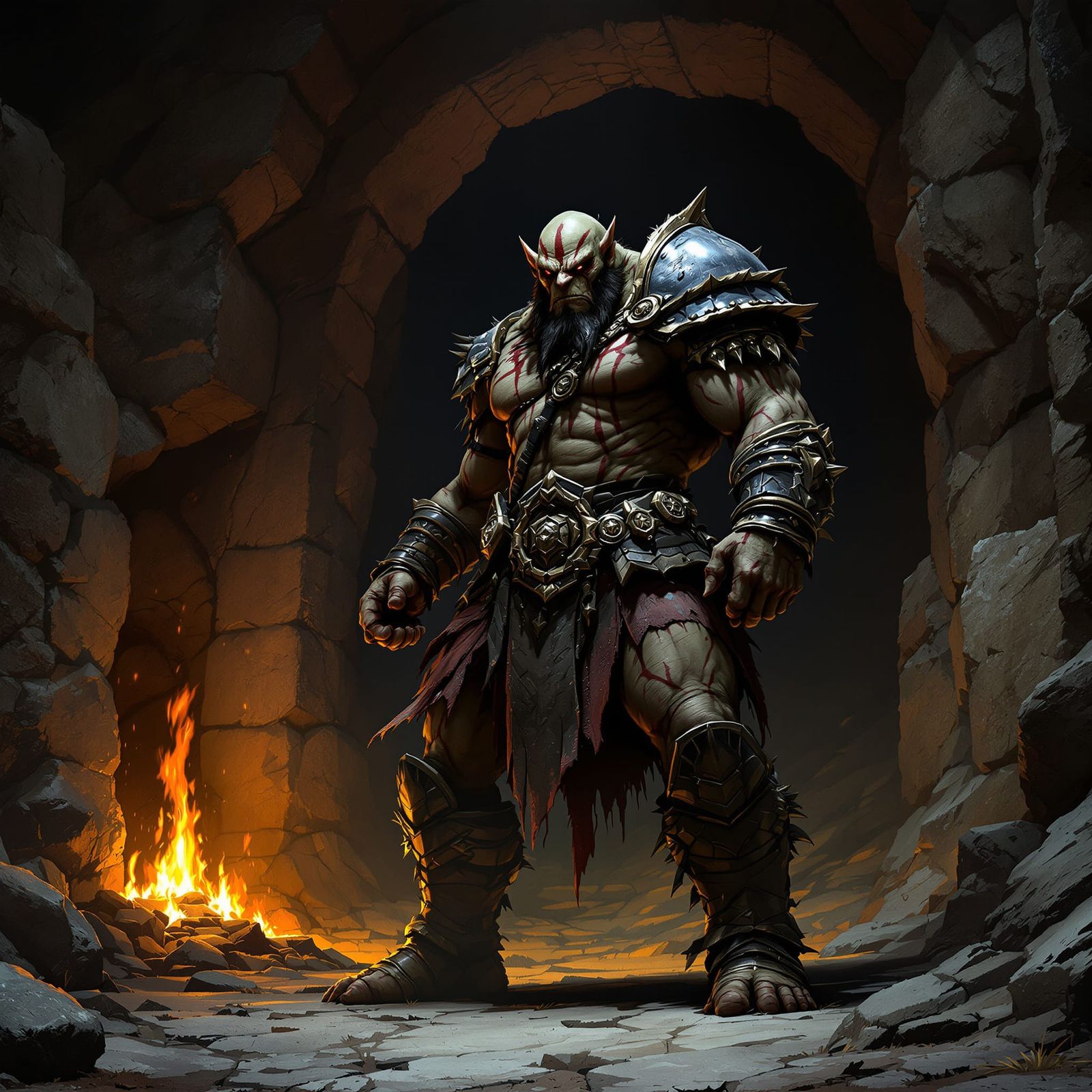 Stoic Orc Chieftain in Grimdark Fantasy Concept Art Style