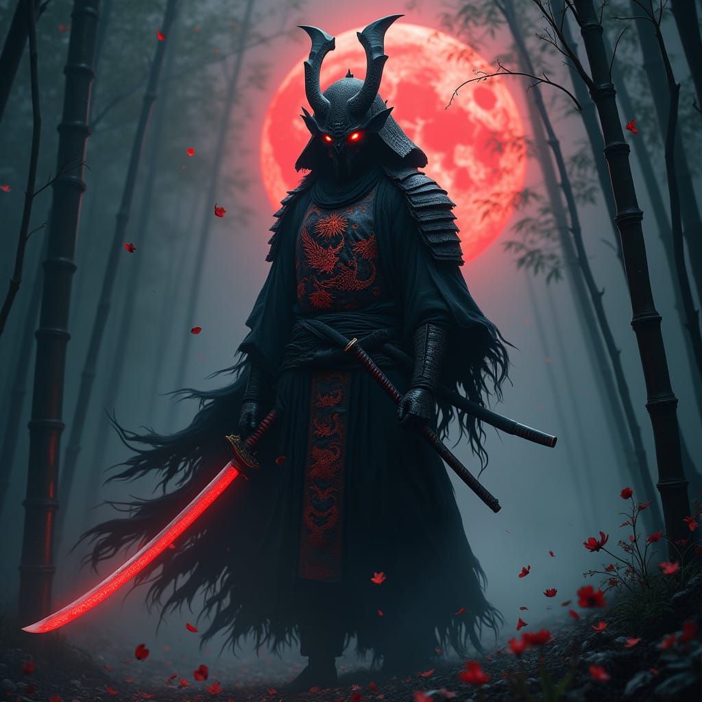 Mystical Shadow Samurai in Blood Moonlit Bamboo Forest