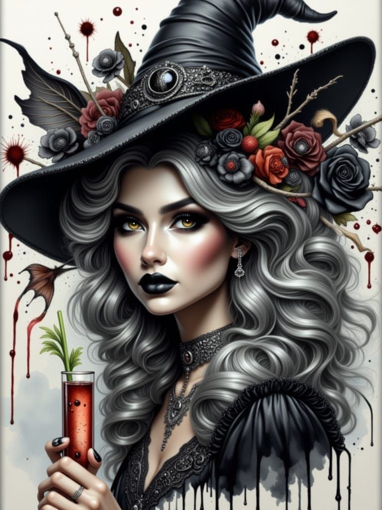 <lora:Witch Skeleton Ghost:1.0>The Gothik Witch having a Bloody Mary Cocktail. Whimsical. photorealistic. hyperdetailed....