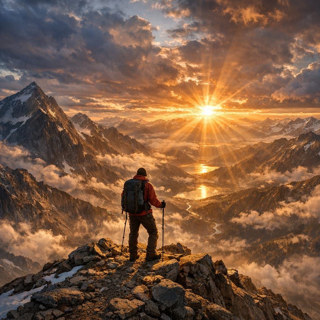 Hiker Reaches Mountain Summit at Sunrise