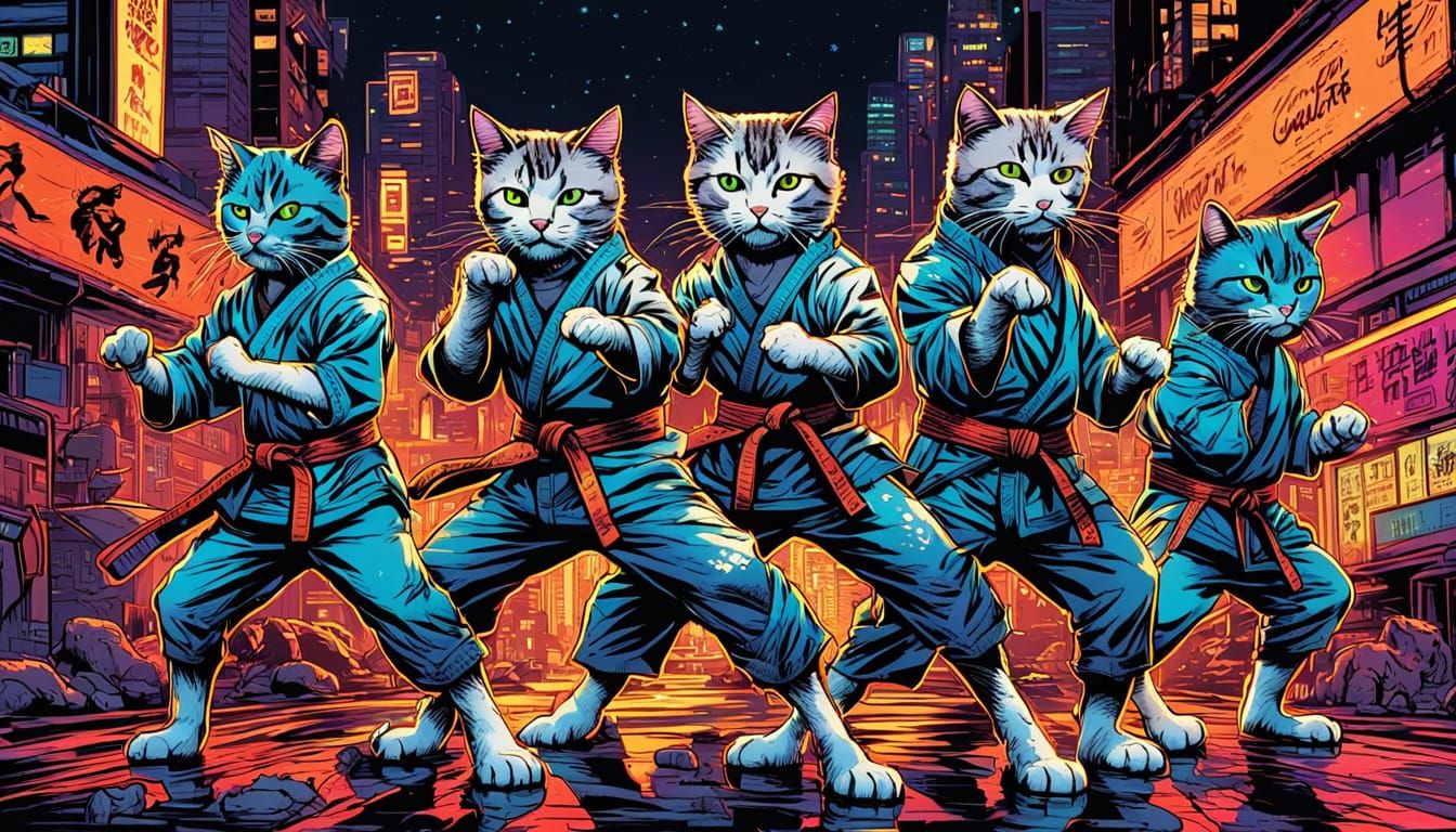 Karate Cats Team in Comic Book Style
