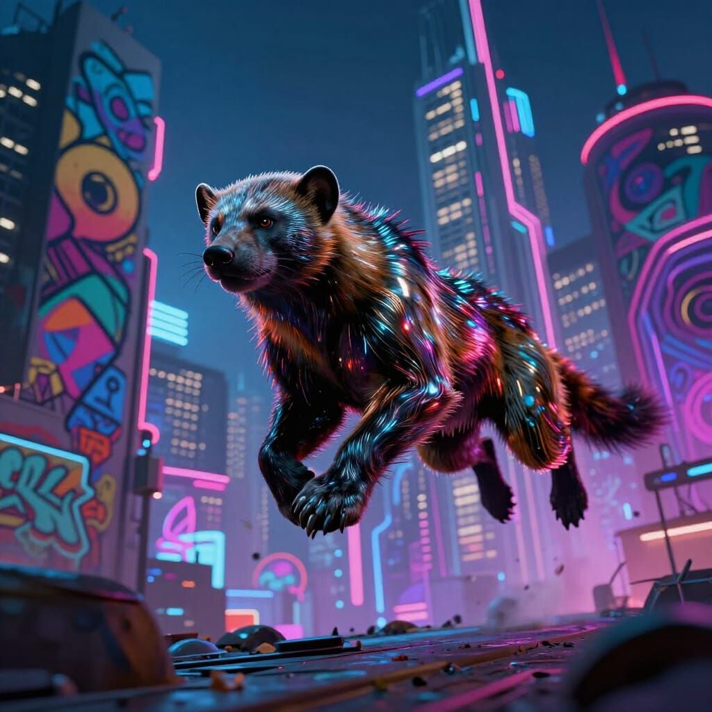 Cybernetic Wolverine Leaps Through Neon Cityscape