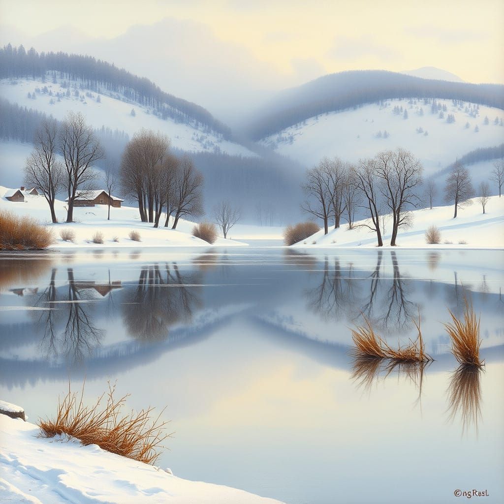 Winter Wonderland Reflected in Frozen Lake Serenity