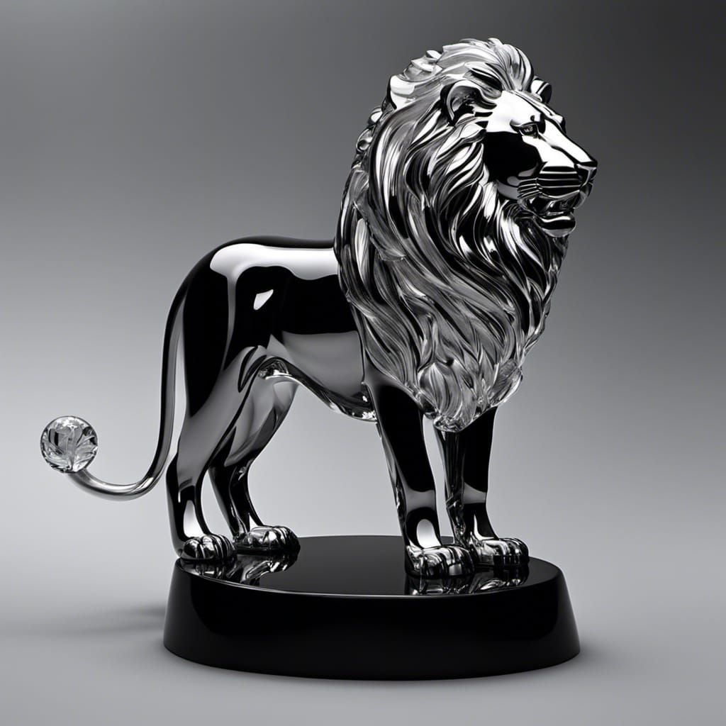 Intricate Glass-Blown Lion Sculpture on Ebony Base