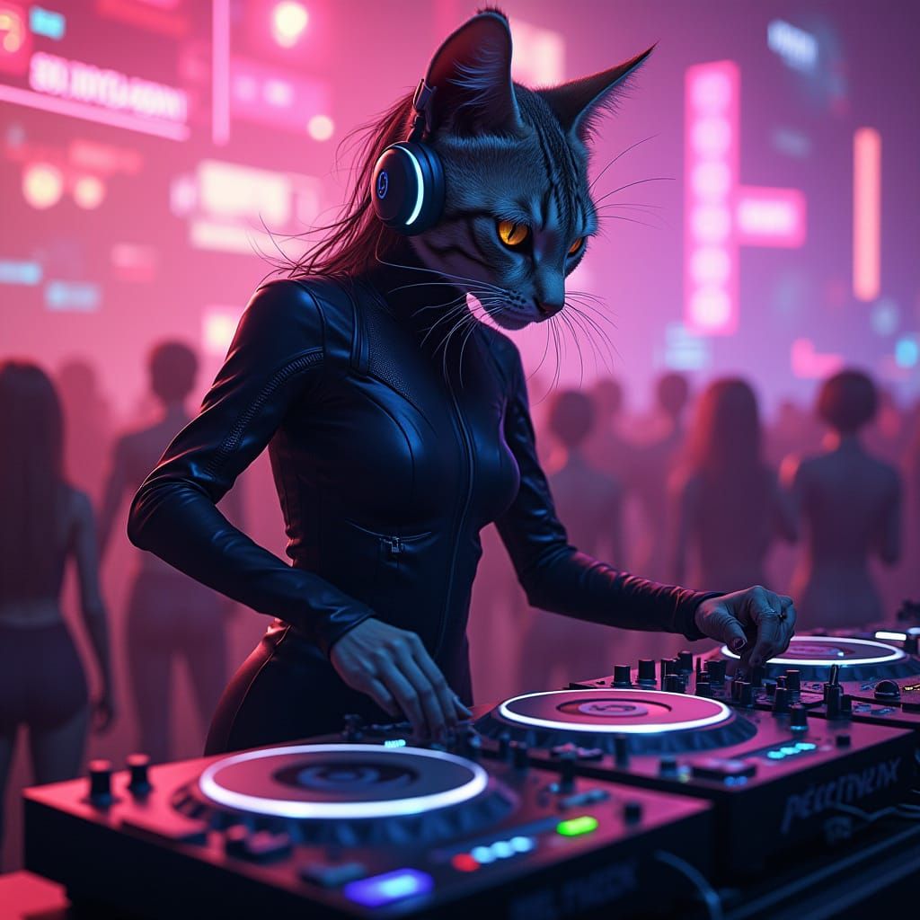 Cyber DJ Cat Thrives in Futuristic Club Scene