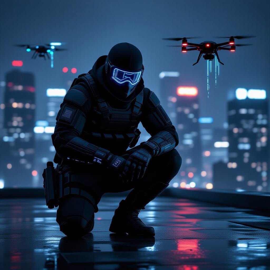 Cinematic Spy Portrait on Rainy Rooftop