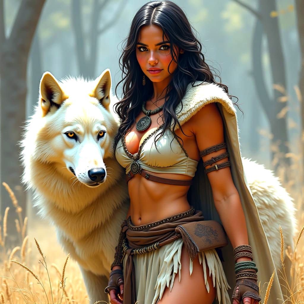 Empowered Female Warrior with White Wolf Companion