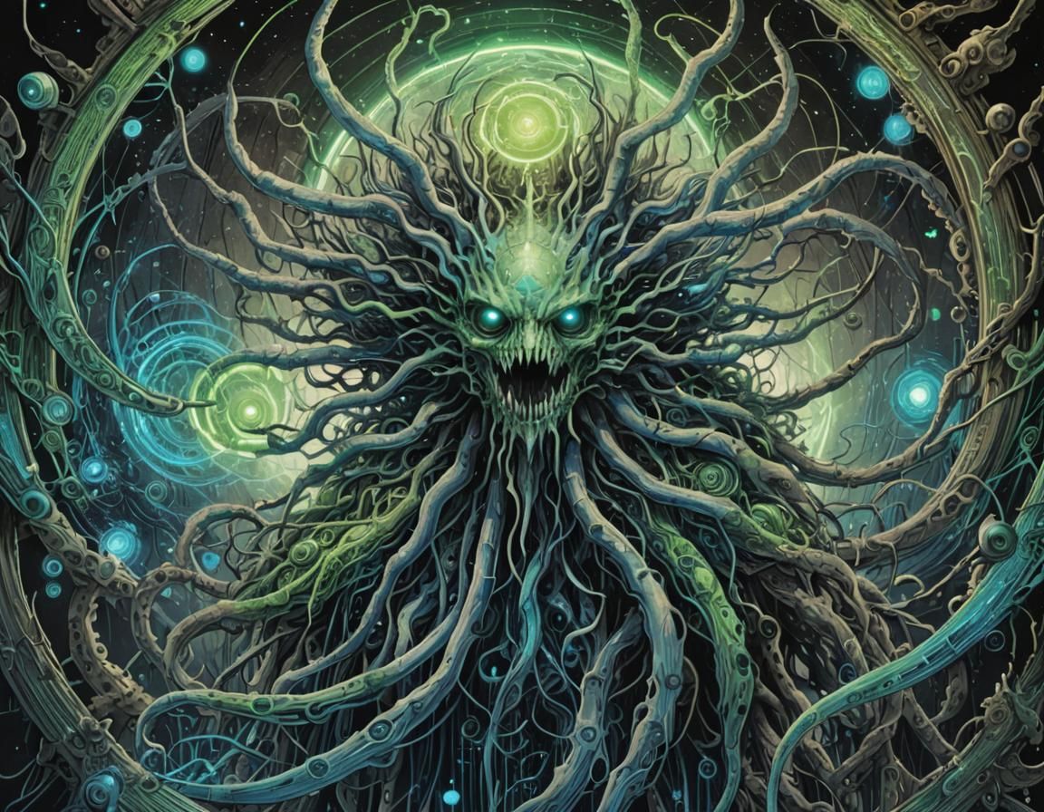 Emrakul in Cyberspace: Surreal Sepia-Toned Cyberpunk Drawing