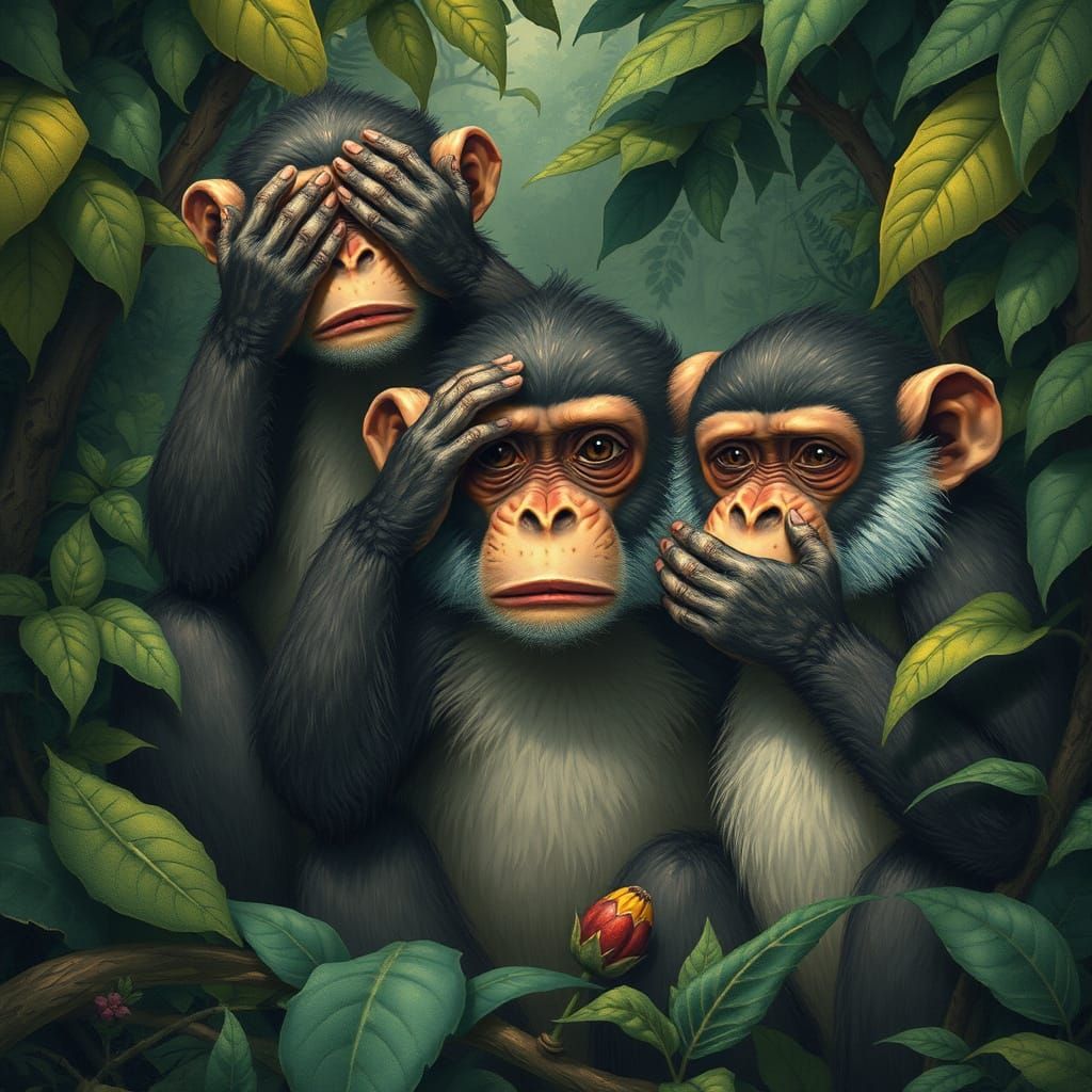 Three Wise Monkeys in Jungle, Painterly Style