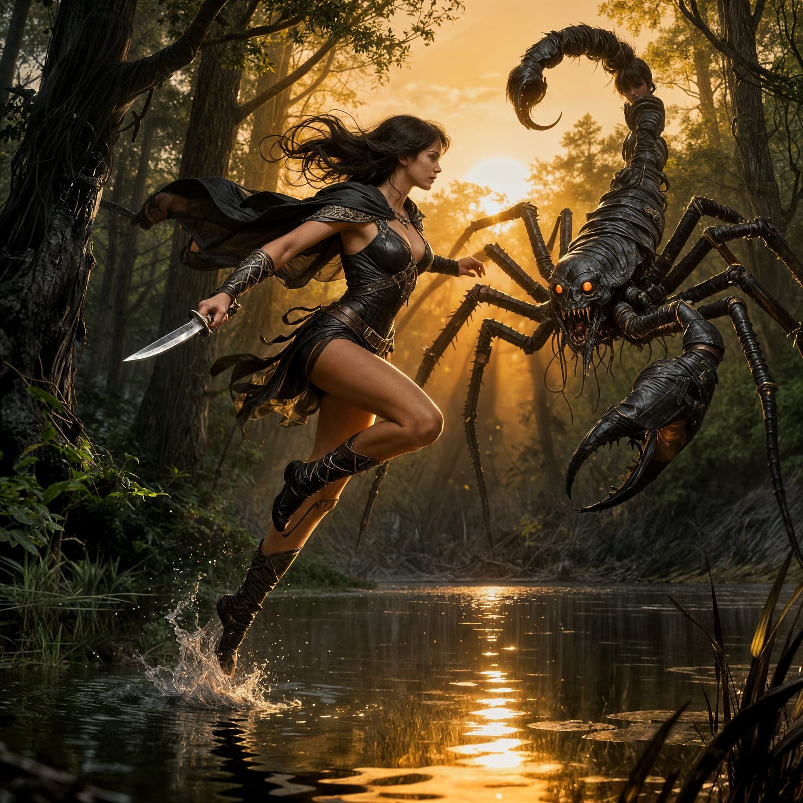 Dark Fantasy Rogue Escapes Hybrid Monster in Forest Lake