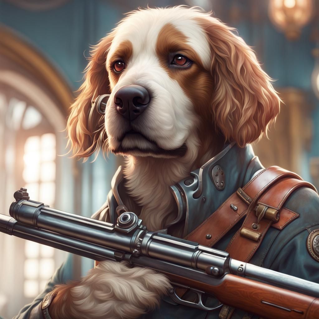 Dog with Shotgun: Hyperdetailed Portrait in Triadic Colors