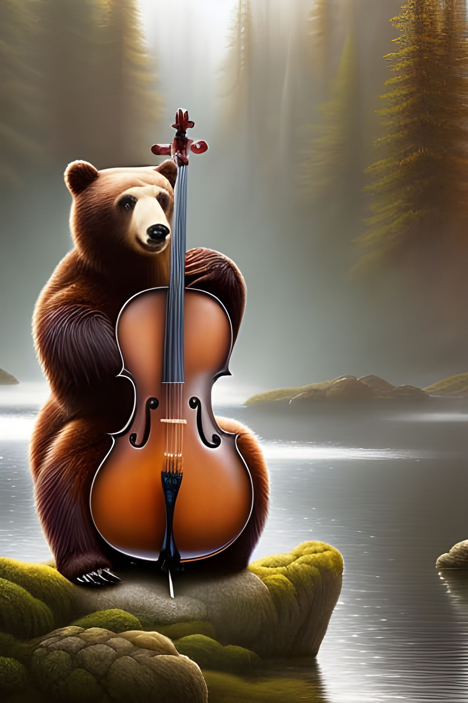 Elegant Bear Plays Cello in Fantasy Landscape