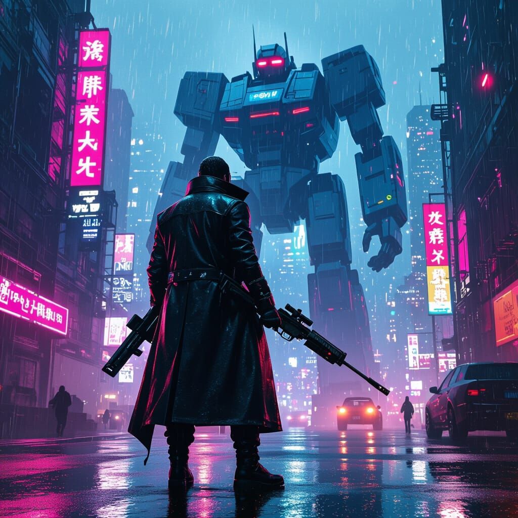 Cyberpunk Rebel Confronts Imperialist Robot in Neon City