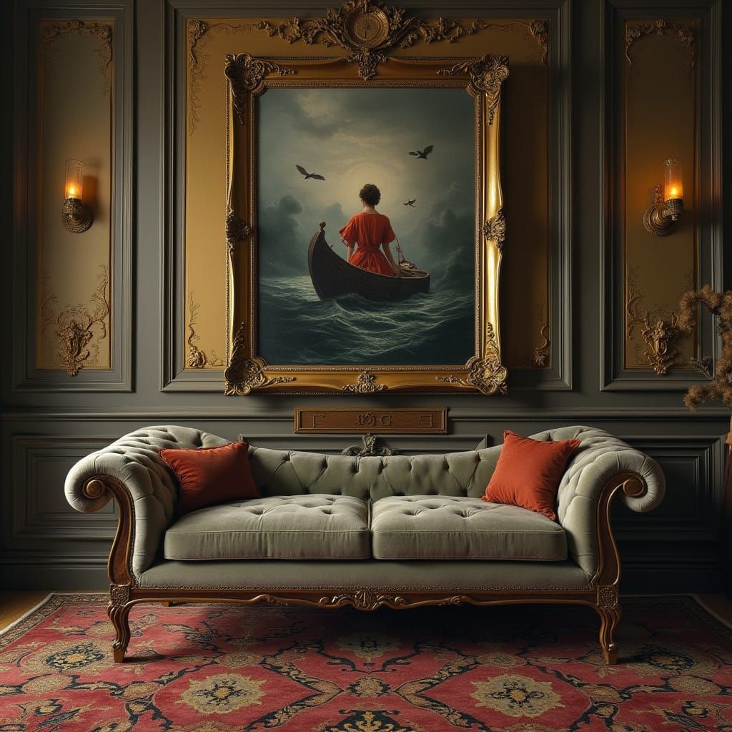 Uma sala luxuosa e surreal, com iluminação suave e em um doa...