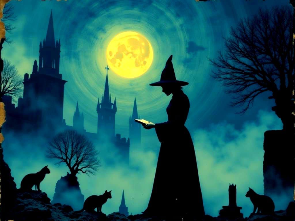 Halloween Witch Casting Spell in Foggy Cemetery