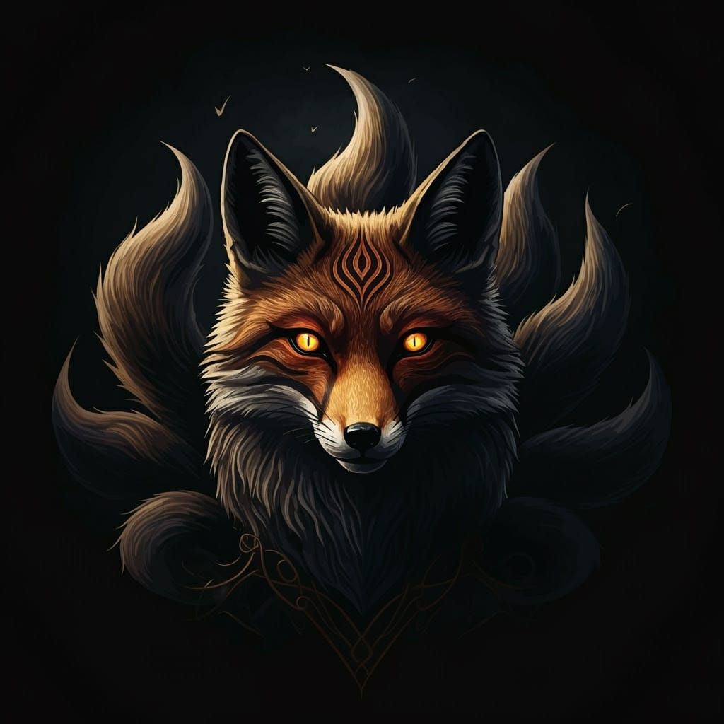 Surreal Nine-Tailed Fox Logo in Dark Noir Style