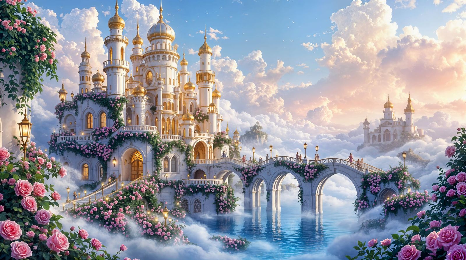 Dreamy Fairytale Castle Amidst Clouds and Roses