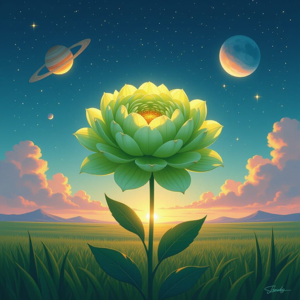 Green Flower Blooms in Vast Ethereal Space