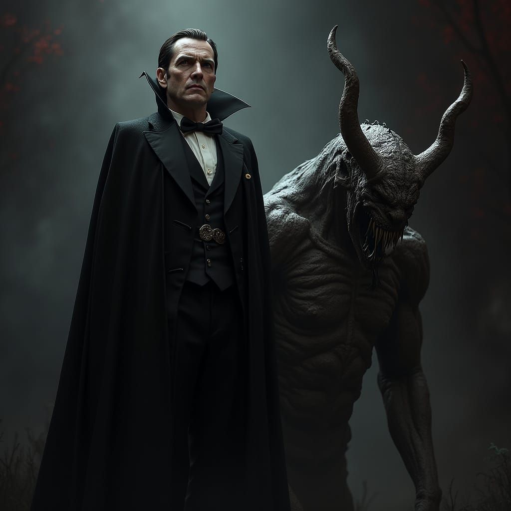 Dracula and Demon in Ominous Gothic Scene