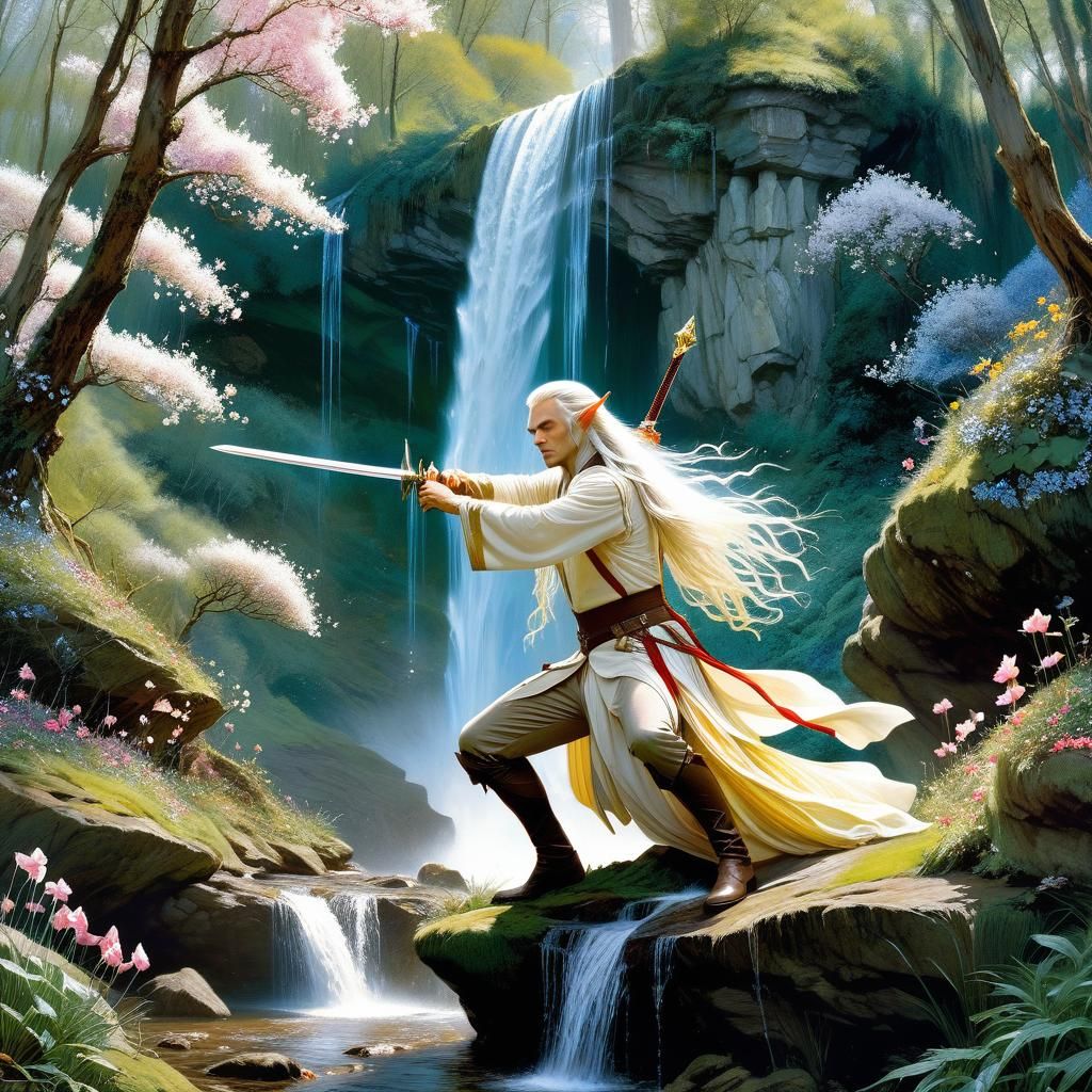 Elrond Sword Practice in Fairytale Anime Style