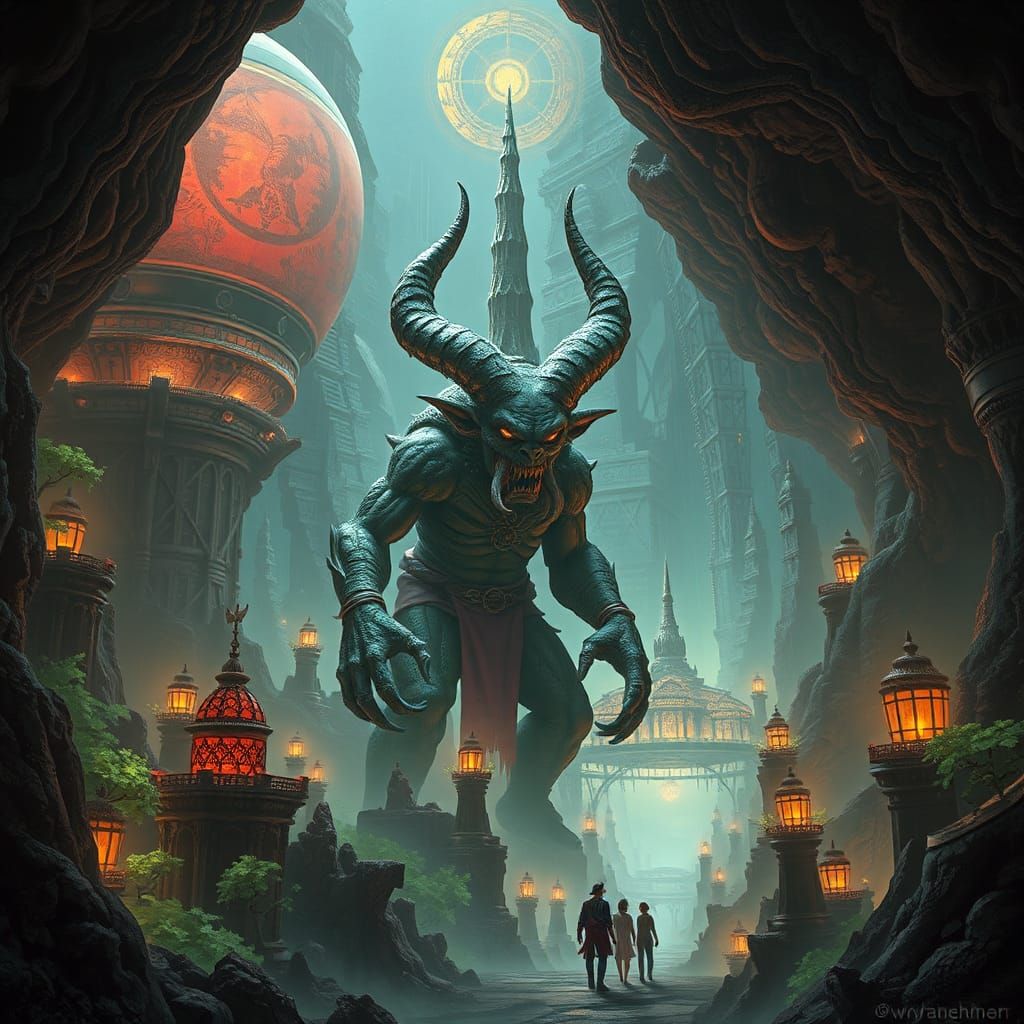 Epic Fantasy Rick Sanchez and Orc Cthulhu in Atomicpunk City