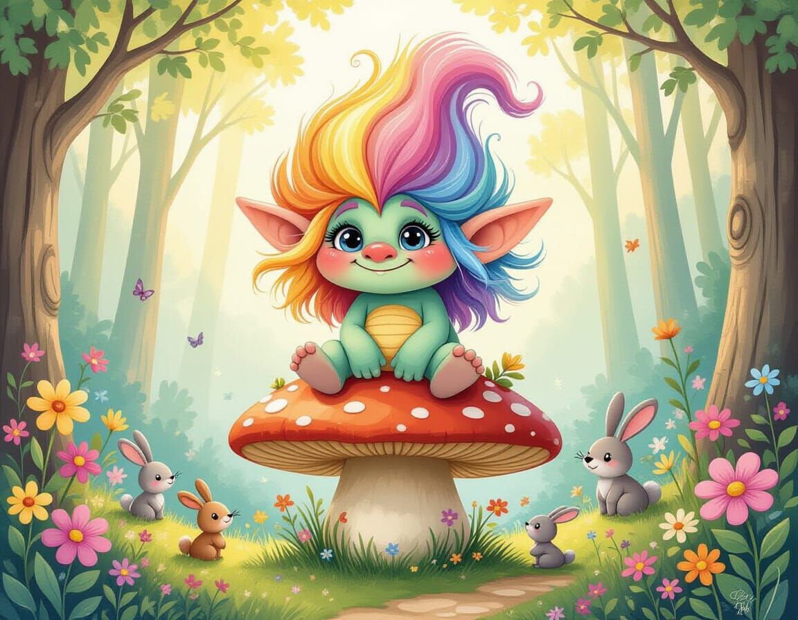 Playful Rainbow Troll in Whimsical Watercolor Forest