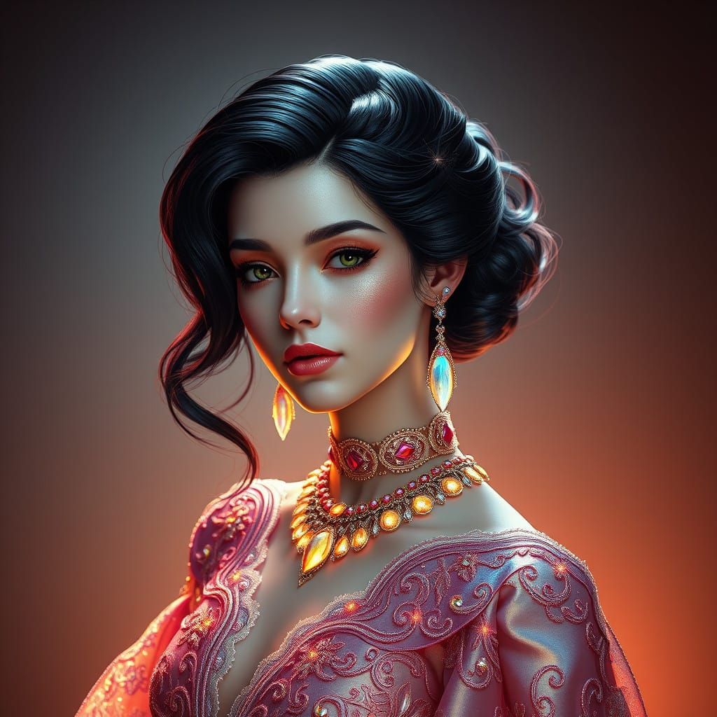 Elegant Woman in Glowing, Cyberpunk-Inspired Fashion Portrai...