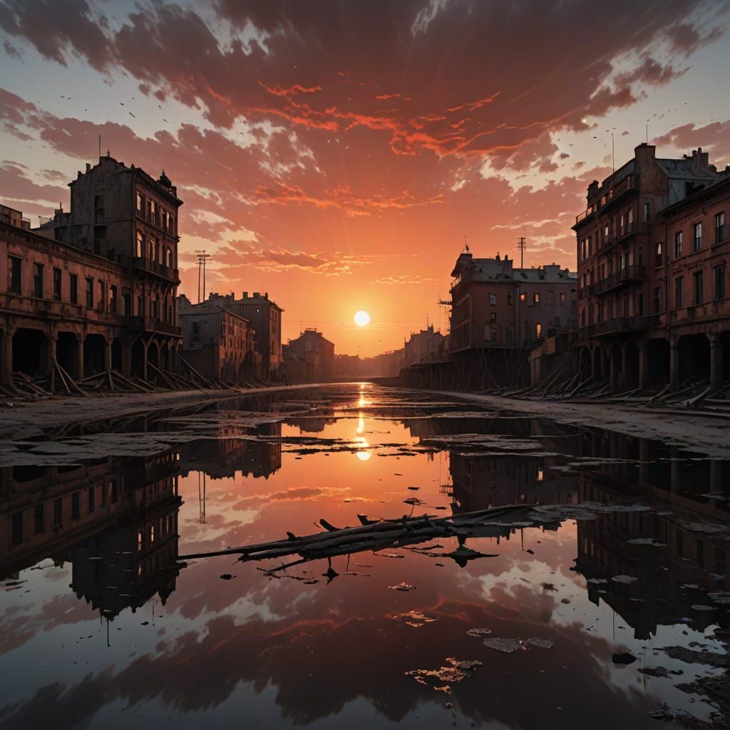 Eerie Dystopian Cityscape Under a Dying Sun