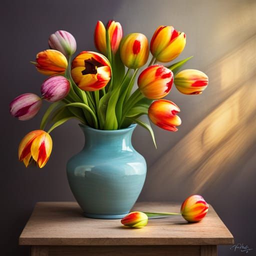 Rainbow Tulips in Pottery Vase Photo