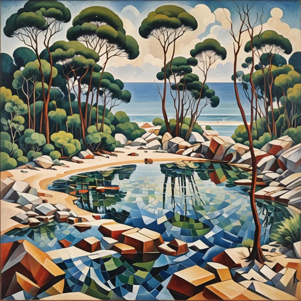Cubist Beach Scene with Eucalyptus Trees