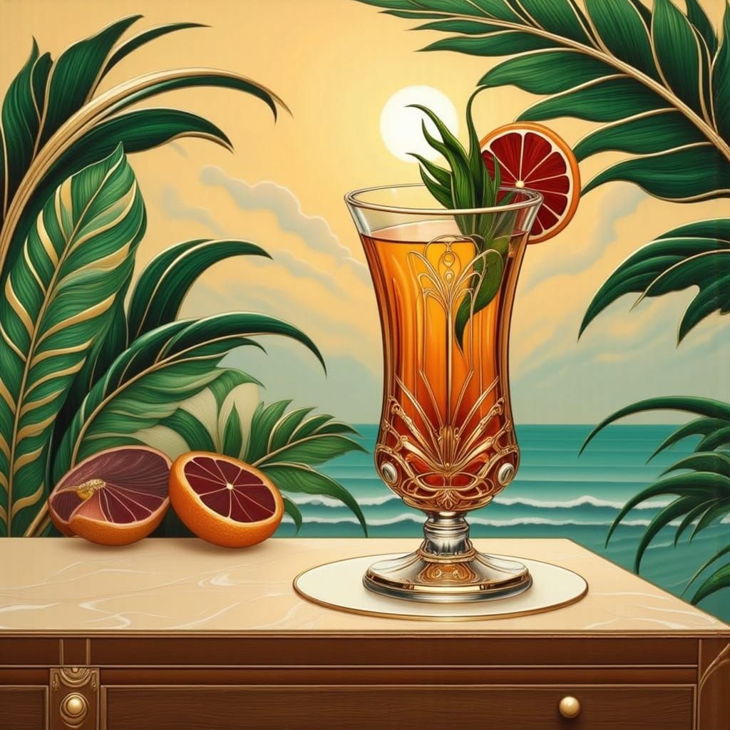 Luxurious Art Deco Scene with Vintage Cocktail and Sunset Sk...