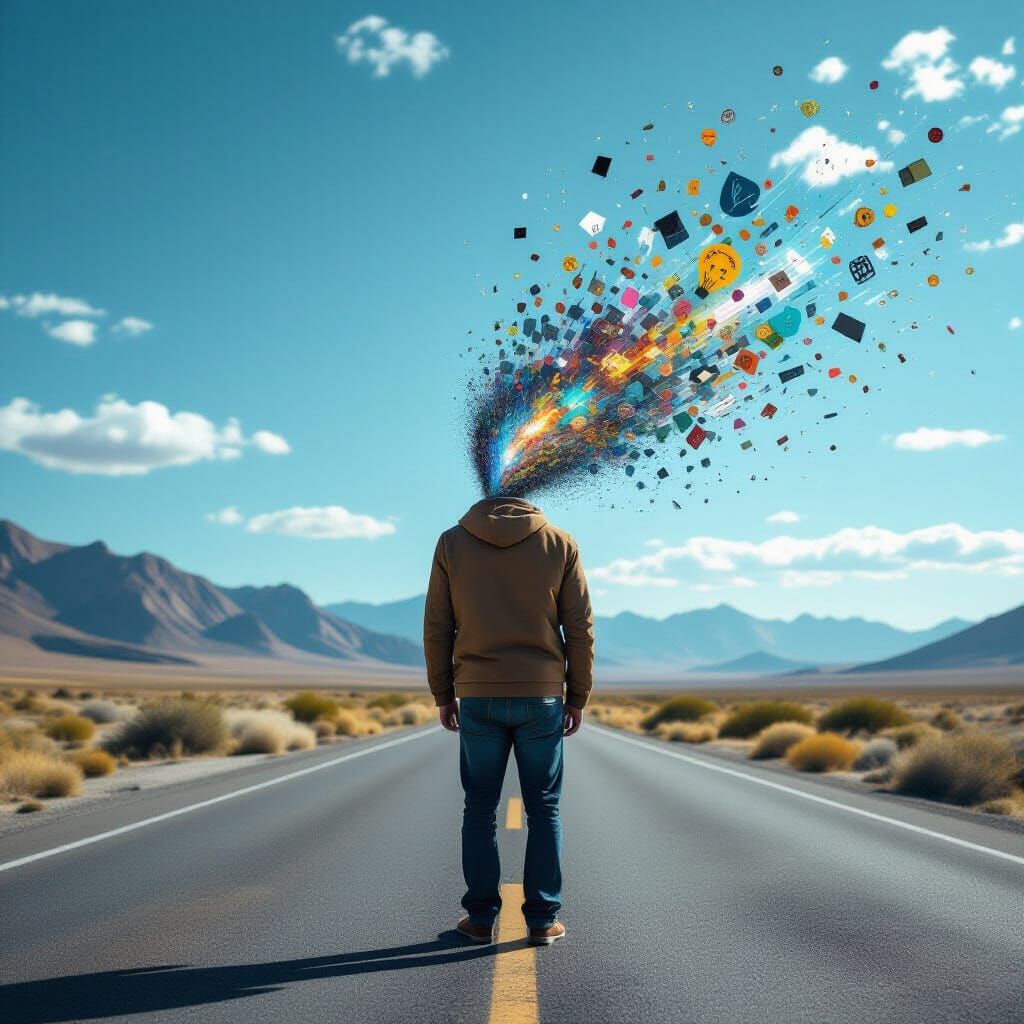 Person Disintegrating on Road with Fantasy Concepts